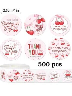 500pcs/Roll Cute Pink Cherry Thank You Self-Adhesive Stickers